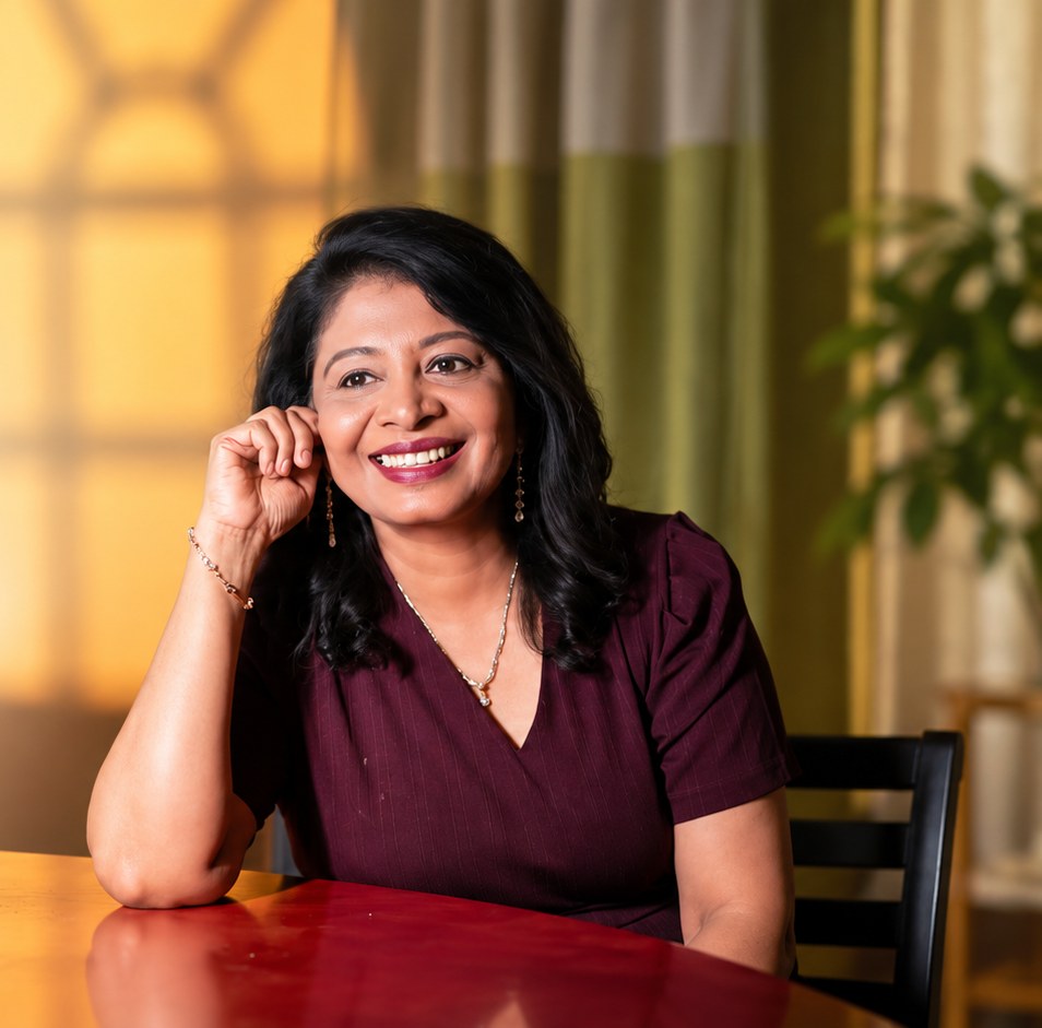 Dr. Latha Christie seated at a table, smiling