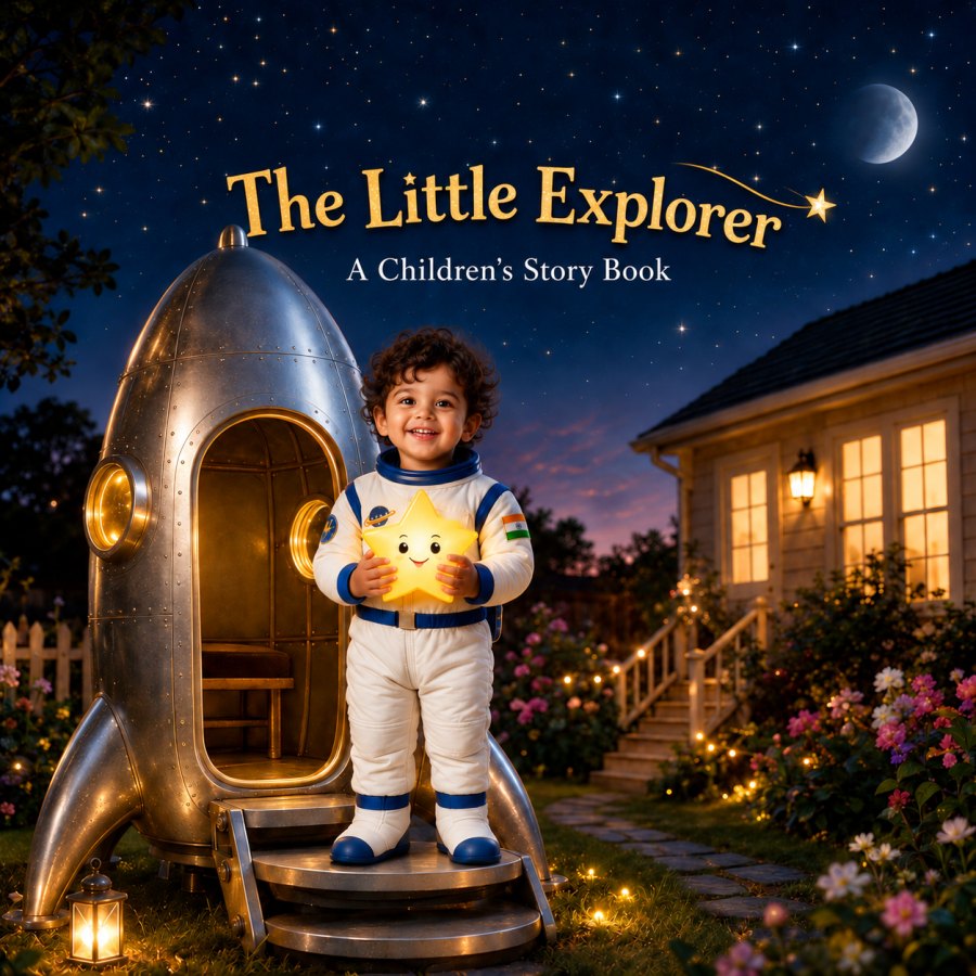 Sample storybook cover: a toddler in an astronaut suit holding a glowing star beside a small rocket